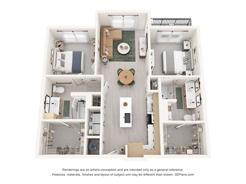 Floor plan for 2 beds, 2 baths, 1107 sqft